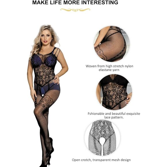Ultra-Sexy Fishnet Bodystocking Lingerie in Lace Jacquard - Plus Sizes Available - Picture 2 of 6